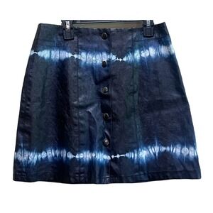 Zara Faux Leather Skirt Womens Medium M Tie Dye Snap Front A-Line Black Blue